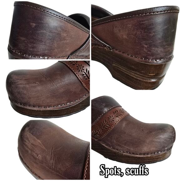 Brown Clogs Dansko Penny Size EU40 US 9.5-10 Burnish Nubuck Leather Floral Leaf - Picture 10 of 14